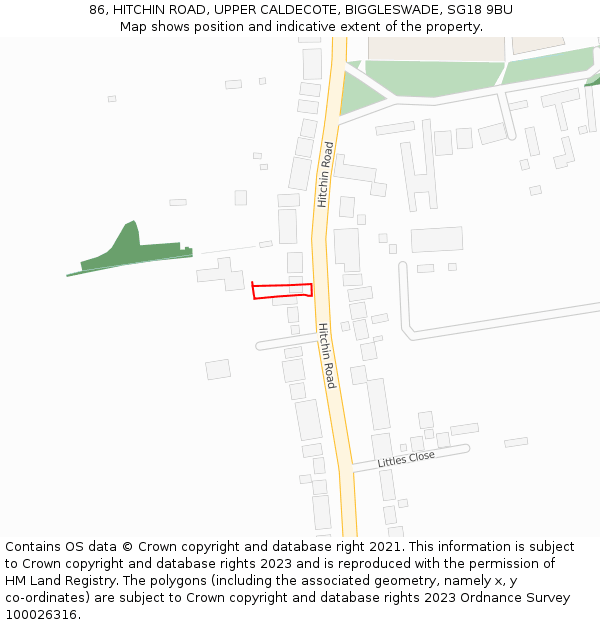 86, HITCHIN ROAD, UPPER CALDECOTE, BIGGLESWADE, SG18 9BU: Location map and indicative extent of plot