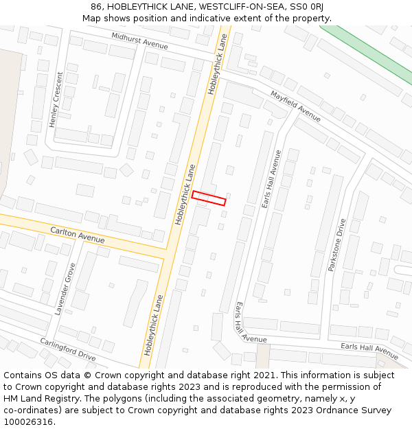 86, HOBLEYTHICK LANE, WESTCLIFF-ON-SEA, SS0 0RJ: Location map and indicative extent of plot