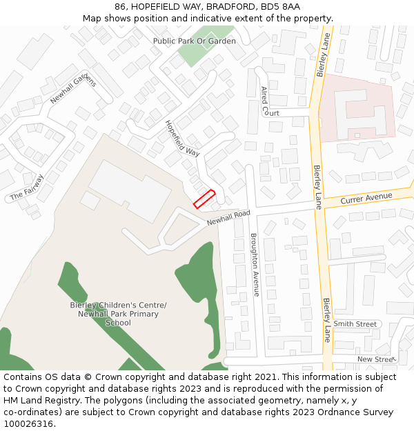 86, HOPEFIELD WAY, BRADFORD, BD5 8AA: Location map and indicative extent of plot