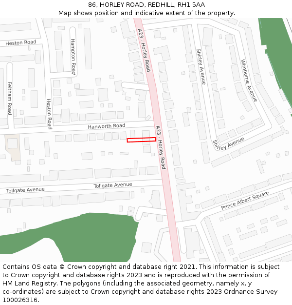 86, HORLEY ROAD, REDHILL, RH1 5AA: Location map and indicative extent of plot