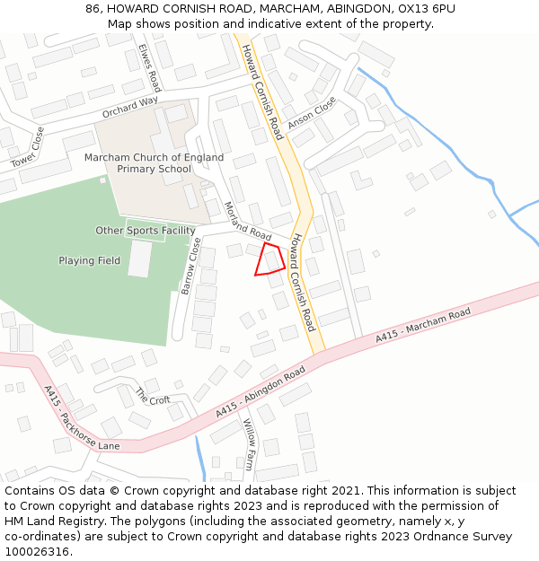 86, HOWARD CORNISH ROAD, MARCHAM, ABINGDON, OX13 6PU: Location map and indicative extent of plot