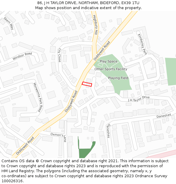 86, J H TAYLOR DRIVE, NORTHAM, BIDEFORD, EX39 1TU: Location map and indicative extent of plot