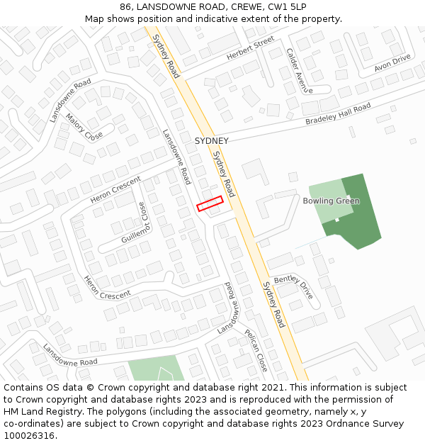 86, LANSDOWNE ROAD, CREWE, CW1 5LP: Location map and indicative extent of plot