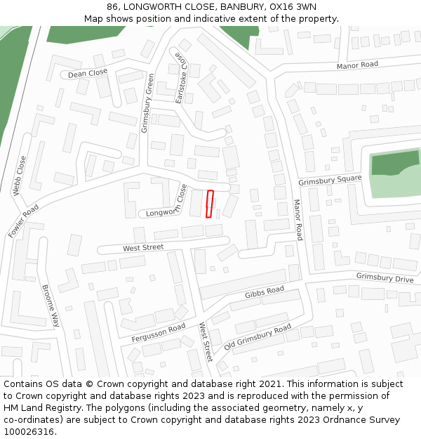 86, LONGWORTH CLOSE, BANBURY, OX16 3WN: Location map and indicative extent of plot