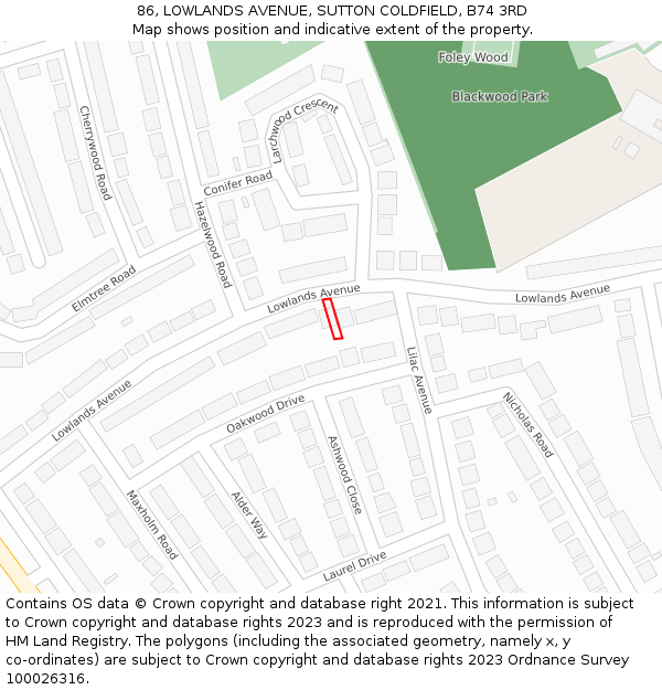 86, LOWLANDS AVENUE, SUTTON COLDFIELD, B74 3RD: Location map and indicative extent of plot