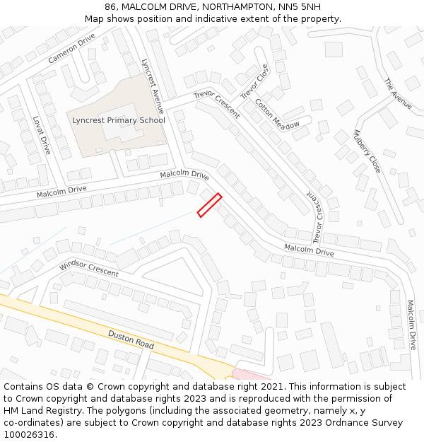 86, MALCOLM DRIVE, NORTHAMPTON, NN5 5NH: Location map and indicative extent of plot