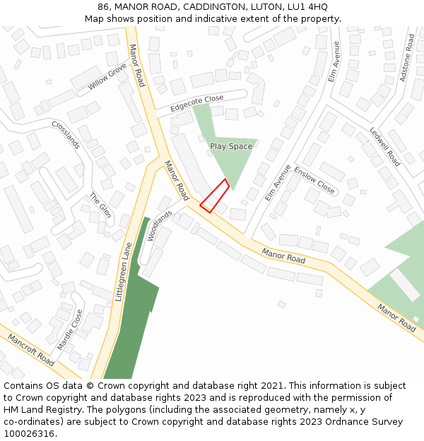 86, MANOR ROAD, CADDINGTON, LUTON, LU1 4HQ: Location map and indicative extent of plot