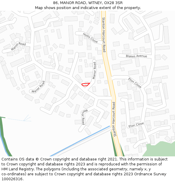 86, MANOR ROAD, WITNEY, OX28 3SR: Location map and indicative extent of plot