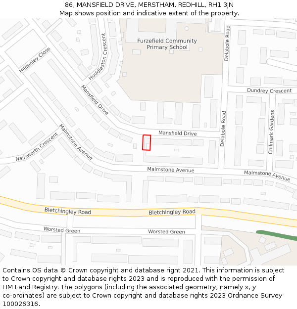 86, MANSFIELD DRIVE, MERSTHAM, REDHILL, RH1 3JN: Location map and indicative extent of plot