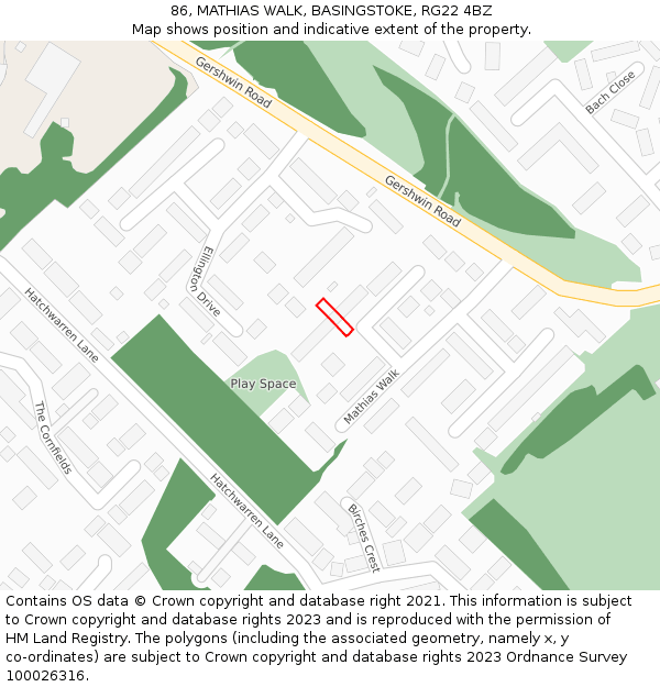 86, MATHIAS WALK, BASINGSTOKE, RG22 4BZ: Location map and indicative extent of plot