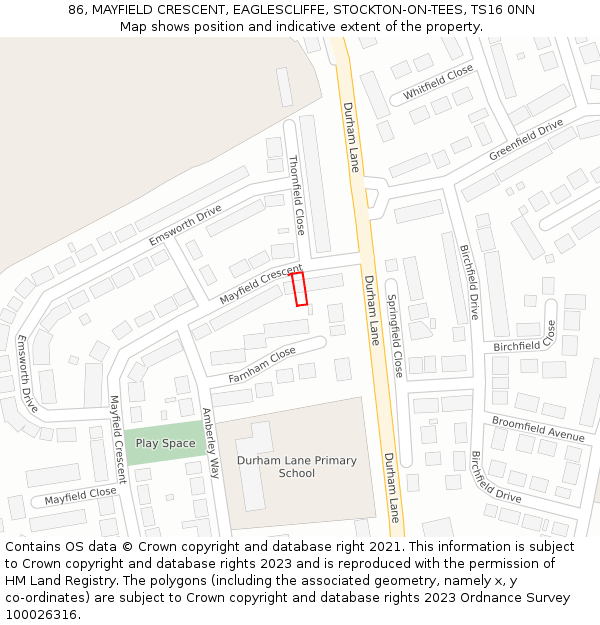 86, MAYFIELD CRESCENT, EAGLESCLIFFE, STOCKTON-ON-TEES, TS16 0NN: Location map and indicative extent of plot