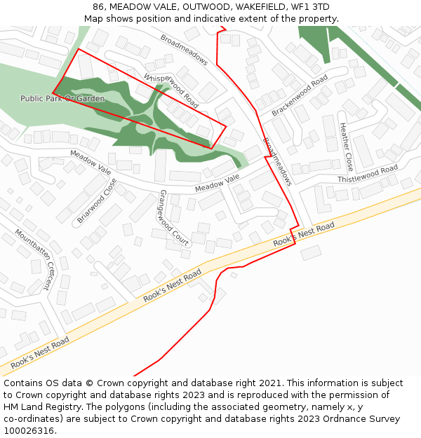 86, MEADOW VALE, OUTWOOD, WAKEFIELD, WF1 3TD: Location map and indicative extent of plot