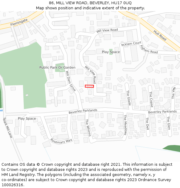 86, MILL VIEW ROAD, BEVERLEY, HU17 0UQ: Location map and indicative extent of plot