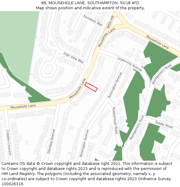 86, MOUSEHOLE LANE, SOUTHAMPTON, SO18 4FD: Location map and indicative extent of plot