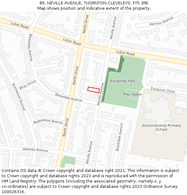 86, NEVILLE AVENUE, THORNTON-CLEVELEYS, FY5 3RE: Location map and indicative extent of plot