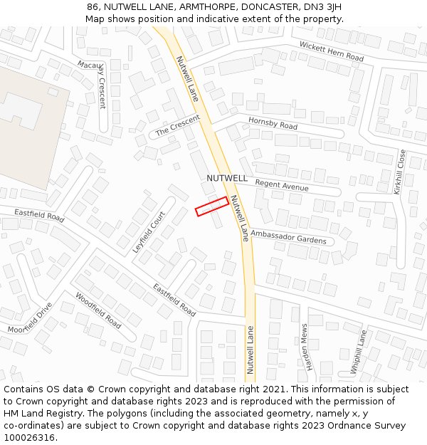 86, NUTWELL LANE, ARMTHORPE, DONCASTER, DN3 3JH: Location map and indicative extent of plot