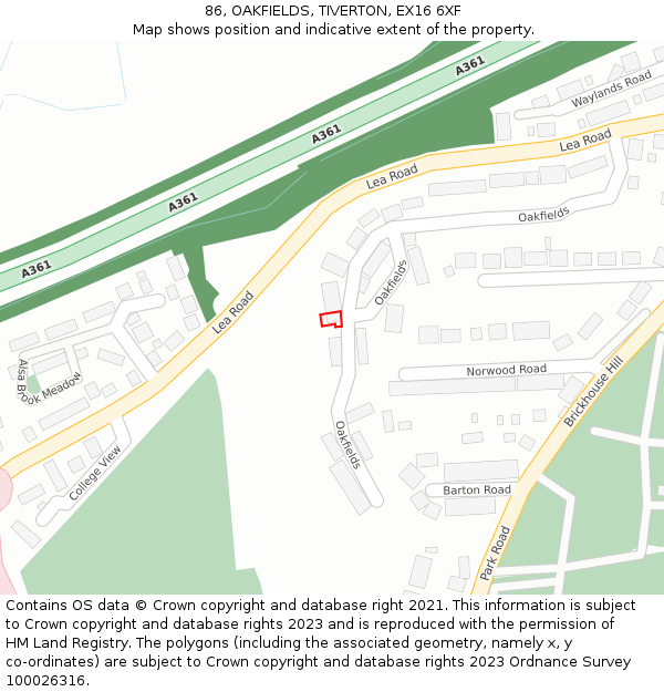 86, OAKFIELDS, TIVERTON, EX16 6XF: Location map and indicative extent of plot