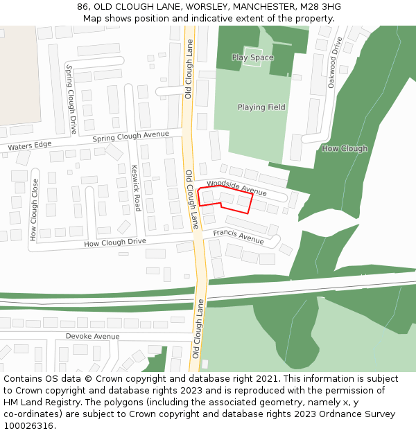 86, OLD CLOUGH LANE, WORSLEY, MANCHESTER, M28 3HG: Location map and indicative extent of plot