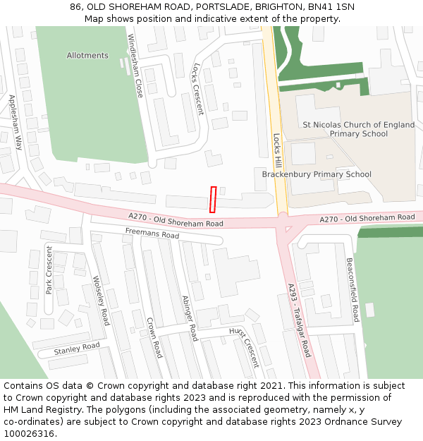 86, OLD SHOREHAM ROAD, PORTSLADE, BRIGHTON, BN41 1SN: Location map and indicative extent of plot