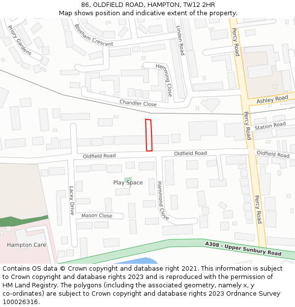 86, OLDFIELD ROAD, HAMPTON, TW12 2HR: Location map and indicative extent of plot