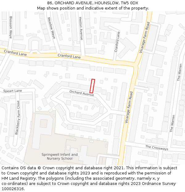 86, ORCHARD AVENUE, HOUNSLOW, TW5 0DX: Location map and indicative extent of plot