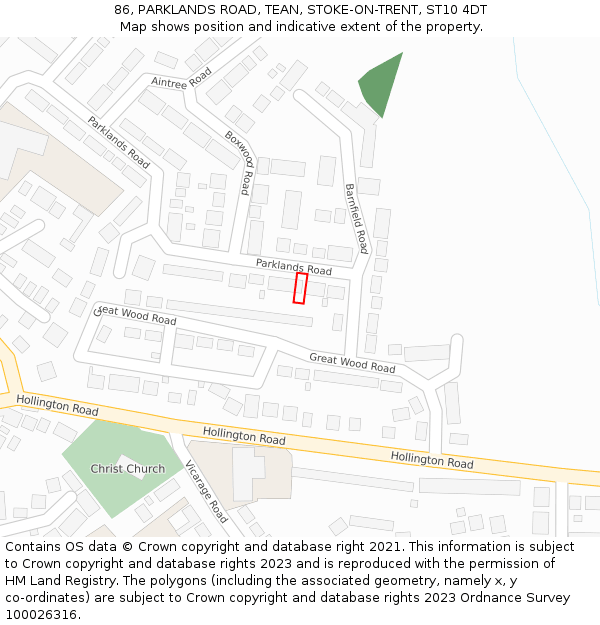 86, PARKLANDS ROAD, TEAN, STOKE-ON-TRENT, ST10 4DT: Location map and indicative extent of plot