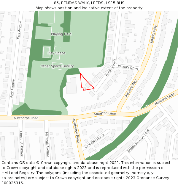 86, PENDAS WALK, LEEDS, LS15 8HS: Location map and indicative extent of plot