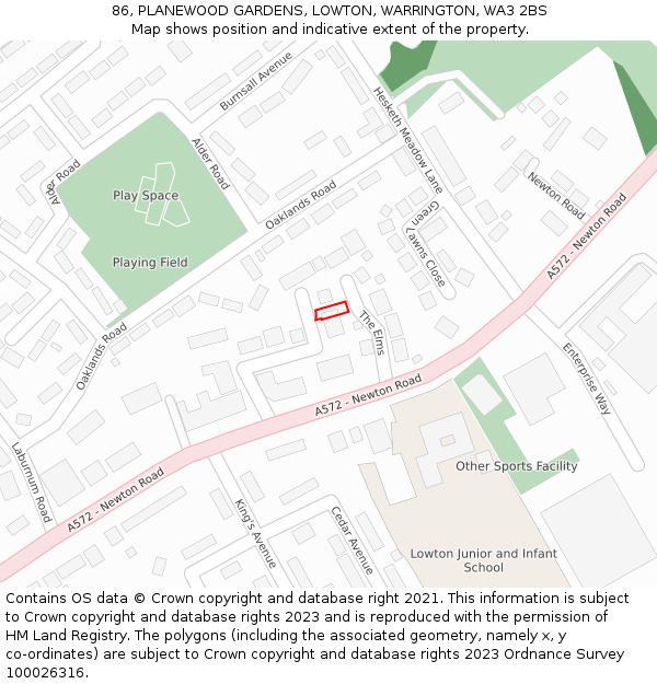 86, PLANEWOOD GARDENS, LOWTON, WARRINGTON, WA3 2BS: Location map and indicative extent of plot