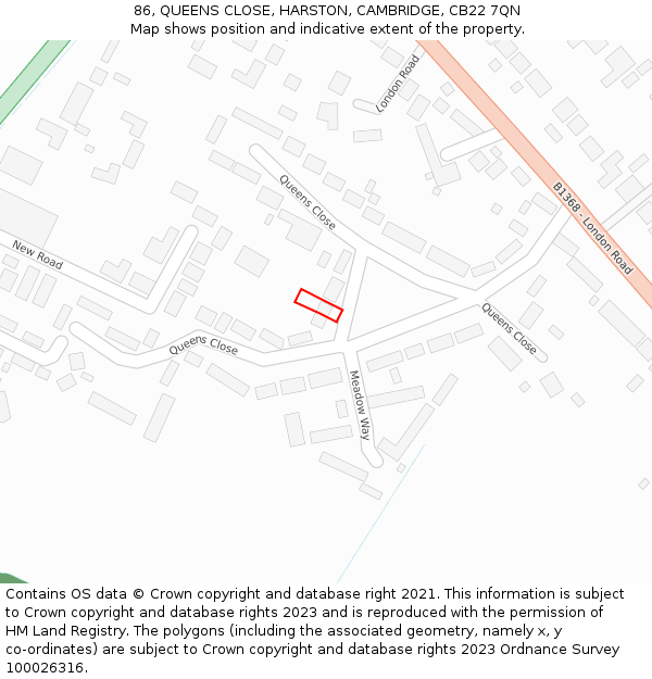 86, QUEENS CLOSE, HARSTON, CAMBRIDGE, CB22 7QN: Location map and indicative extent of plot