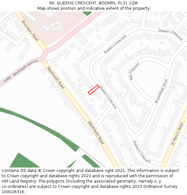 86, QUEENS CRESCENT, BODMIN, PL31 1QW: Location map and indicative extent of plot