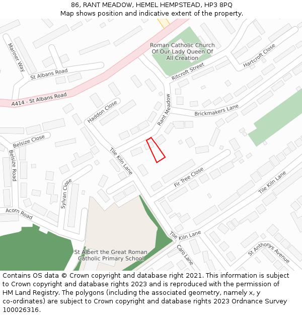 86, RANT MEADOW, HEMEL HEMPSTEAD, HP3 8PQ: Location map and indicative extent of plot