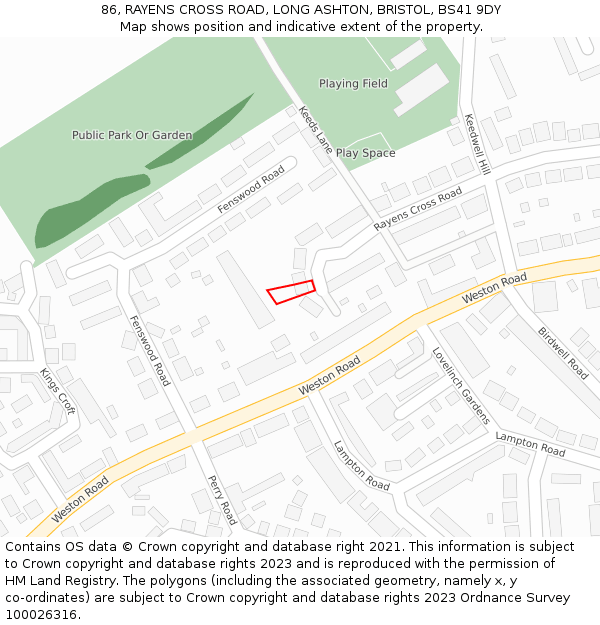 86, RAYENS CROSS ROAD, LONG ASHTON, BRISTOL, BS41 9DY: Location map and indicative extent of plot