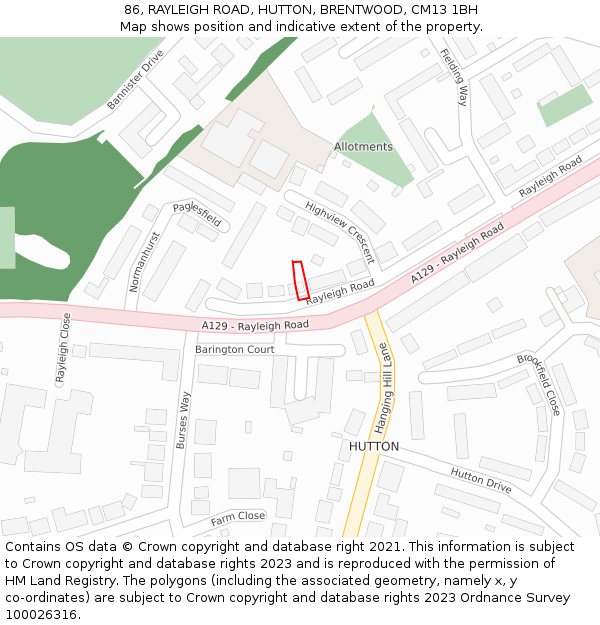 86, RAYLEIGH ROAD, HUTTON, BRENTWOOD, CM13 1BH: Location map and indicative extent of plot