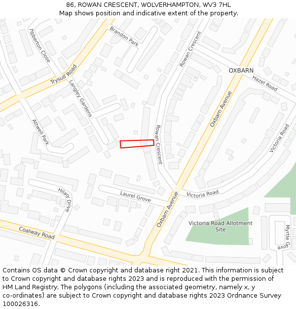 86, ROWAN CRESCENT, WOLVERHAMPTON, WV3 7HL: Location map and indicative extent of plot