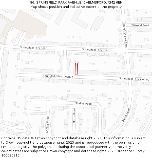 86, SPRINGFIELD PARK AVENUE, CHELMSFORD, CM2 6EN: Location map and indicative extent of plot