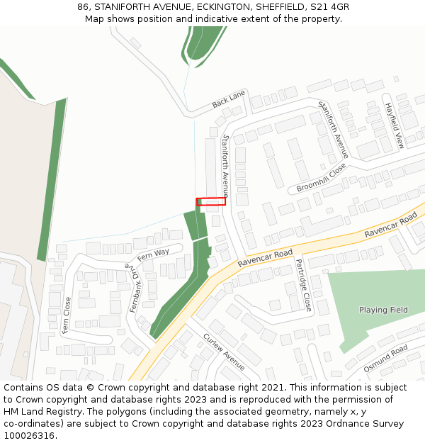 86, STANIFORTH AVENUE, ECKINGTON, SHEFFIELD, S21 4GR: Location map and indicative extent of plot