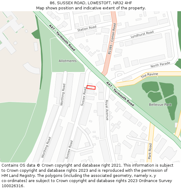 86, SUSSEX ROAD, LOWESTOFT, NR32 4HF: Location map and indicative extent of plot