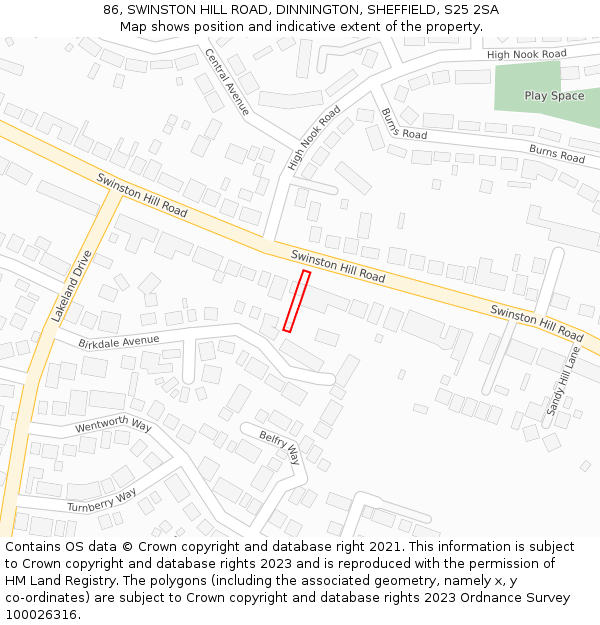 86, SWINSTON HILL ROAD, DINNINGTON, SHEFFIELD, S25 2SA: Location map and indicative extent of plot