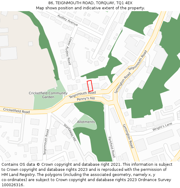 86, TEIGNMOUTH ROAD, TORQUAY, TQ1 4EX: Location map and indicative extent of plot