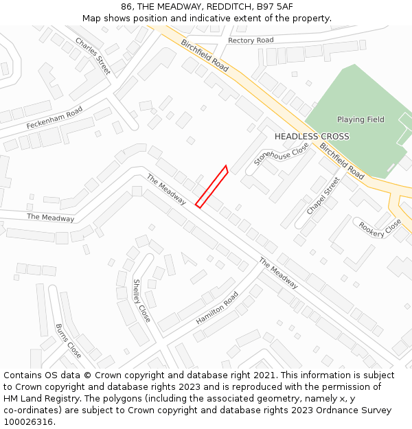 86, THE MEADWAY, REDDITCH, B97 5AF: Location map and indicative extent of plot