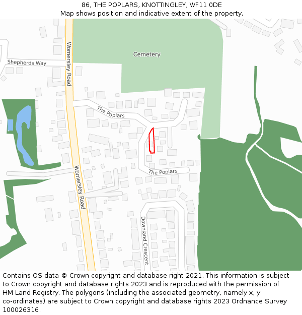 86, THE POPLARS, KNOTTINGLEY, WF11 0DE: Location map and indicative extent of plot