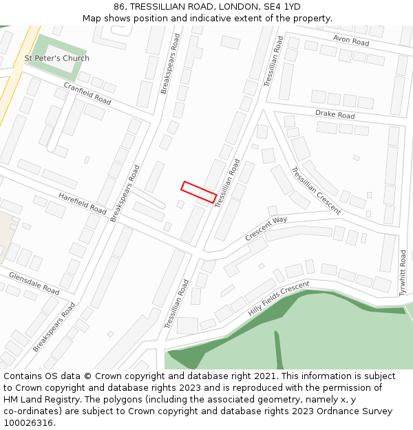 86, TRESSILLIAN ROAD, LONDON, SE4 1YD: Location map and indicative extent of plot