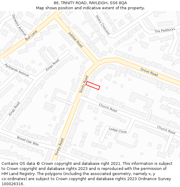 86, TRINITY ROAD, RAYLEIGH, SS6 8QA: Location map and indicative extent of plot