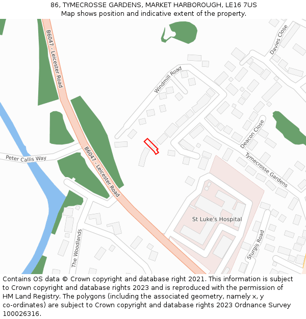 86, TYMECROSSE GARDENS, MARKET HARBOROUGH, LE16 7US: Location map and indicative extent of plot