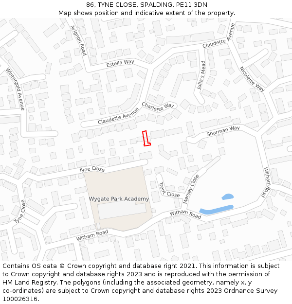 86, TYNE CLOSE, SPALDING, PE11 3DN: Location map and indicative extent of plot