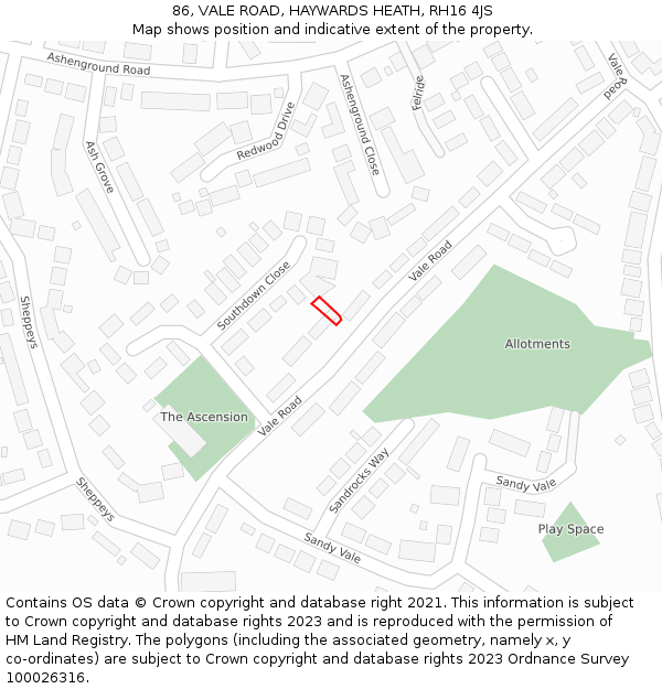 86, VALE ROAD, HAYWARDS HEATH, RH16 4JS: Location map and indicative extent of plot