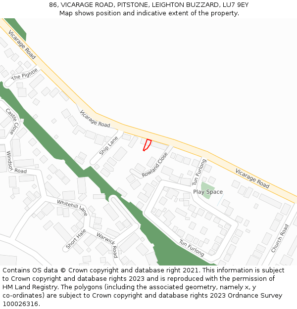 86, VICARAGE ROAD, PITSTONE, LEIGHTON BUZZARD, LU7 9EY: Location map and indicative extent of plot