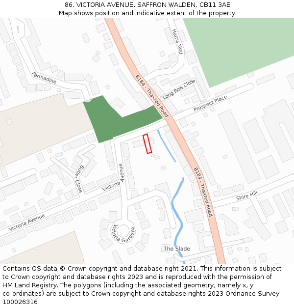 86, VICTORIA AVENUE, SAFFRON WALDEN, CB11 3AE: Location map and indicative extent of plot