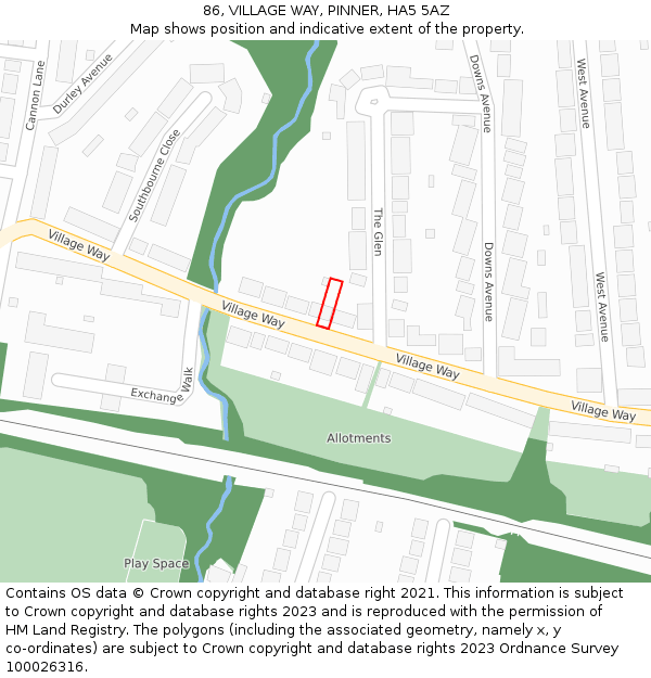 86, VILLAGE WAY, PINNER, HA5 5AZ: Location map and indicative extent of plot