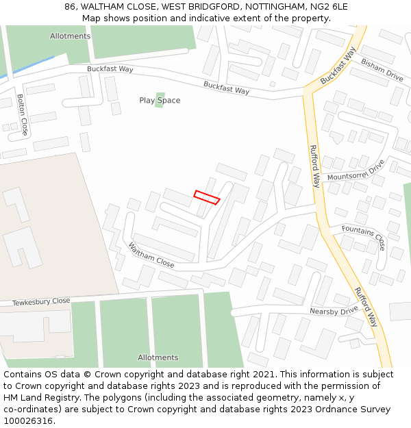 86, WALTHAM CLOSE, WEST BRIDGFORD, NOTTINGHAM, NG2 6LE: Location map and indicative extent of plot